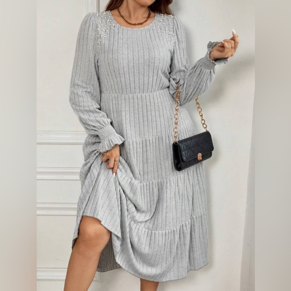 Light Grey Pearl Long Sleeve Midi Dress